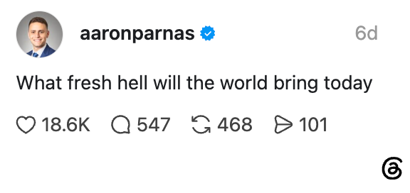 Skjermbilde av et innlegg på sosiale medier av aaronparnas, der det står: