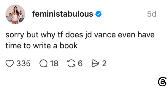 Sosiale medier innlegg som stiller spørsmål ved hvordan JD Vance har tid til å skrive en bok