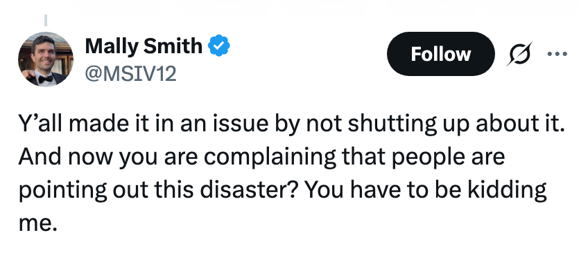 En tweet fra Mally Smith som kritiserer folk for å ha opprettet et problem ved å snakke om det og deretter klage når andre påpeker det