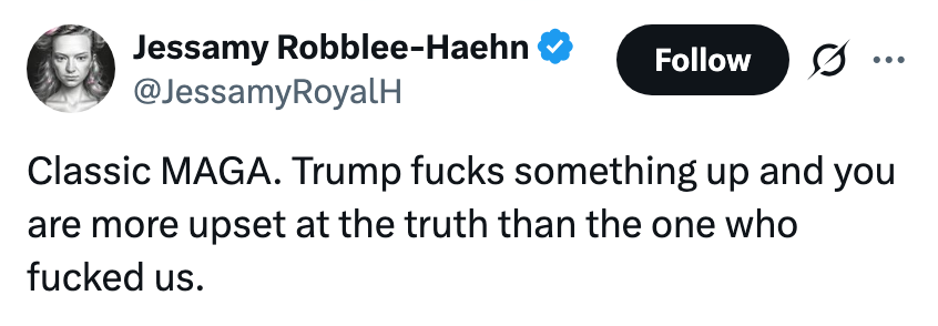 Tweet som uttrykker frustrasjon over MAGA-tilhengere som er opprørt over sannheten i stedet for Trumps handlinger