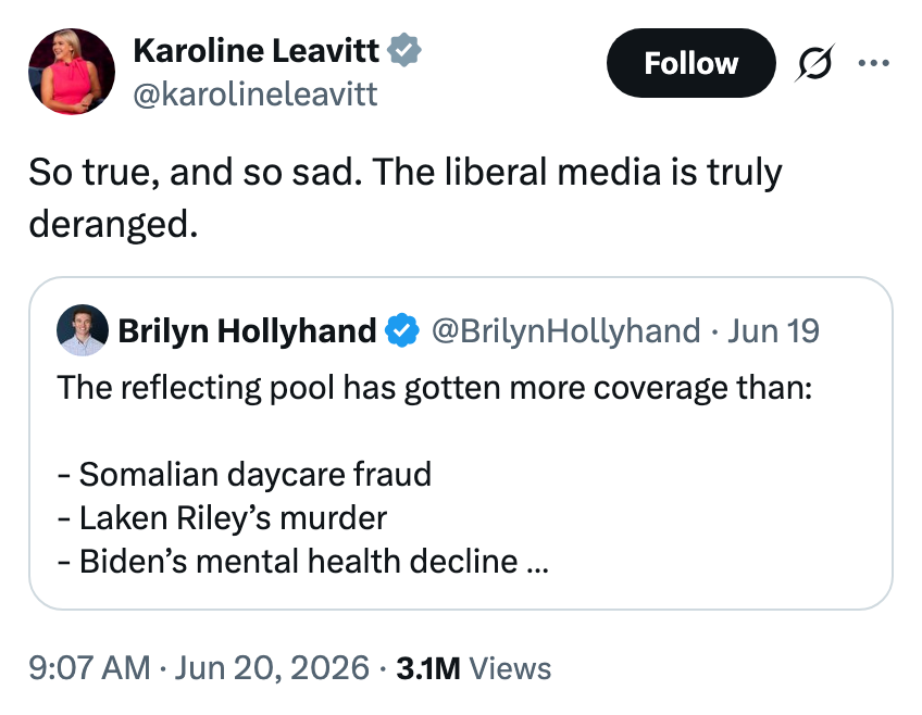 En tweet av Karoline Leavitt som er enig i et innlegg som kritiserer mediedekningsprioriteringer. Den kritiserte tweeten viser somalisk barnehagesvindel, et drap og mental helse