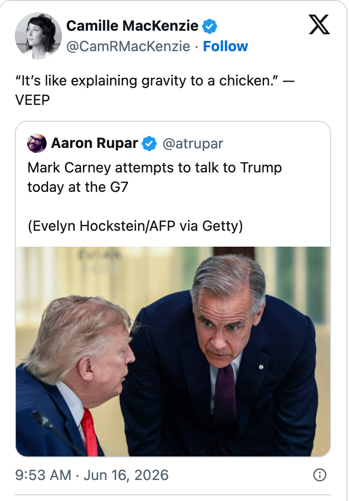 Skjermbilde av en tweet av Aaron Rupar om Mark Carney som forsøkte å snakke med Trump på G7, med en sitat-tweet som nevner