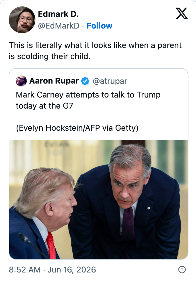 Sosiale medier-innlegg som viser Mark Carney lener seg mot en annen person på G7, med en bildetekst om en forelder som skjeler ut et barn
