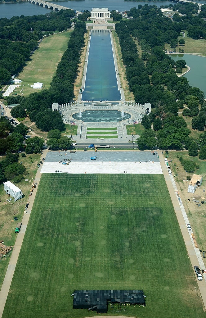 Luftfoto av National Mall i Washington, DC, med Lincoln Memorial, Reflecting Pool og World War II Memorial