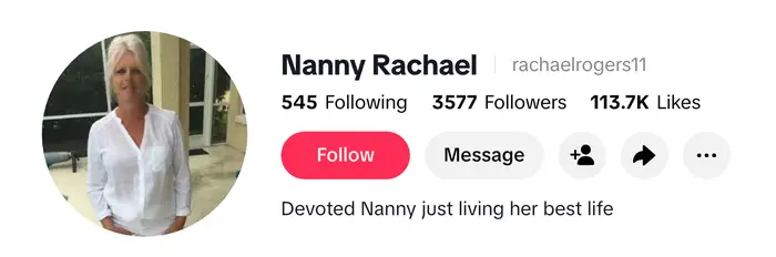 Profilen til Nanny Rachael med 3 577 følgere og 113,7 000 likes. Bio: "Hengiven barnepike lever bare sitt beste liv." Alternativer for å følge eller melding