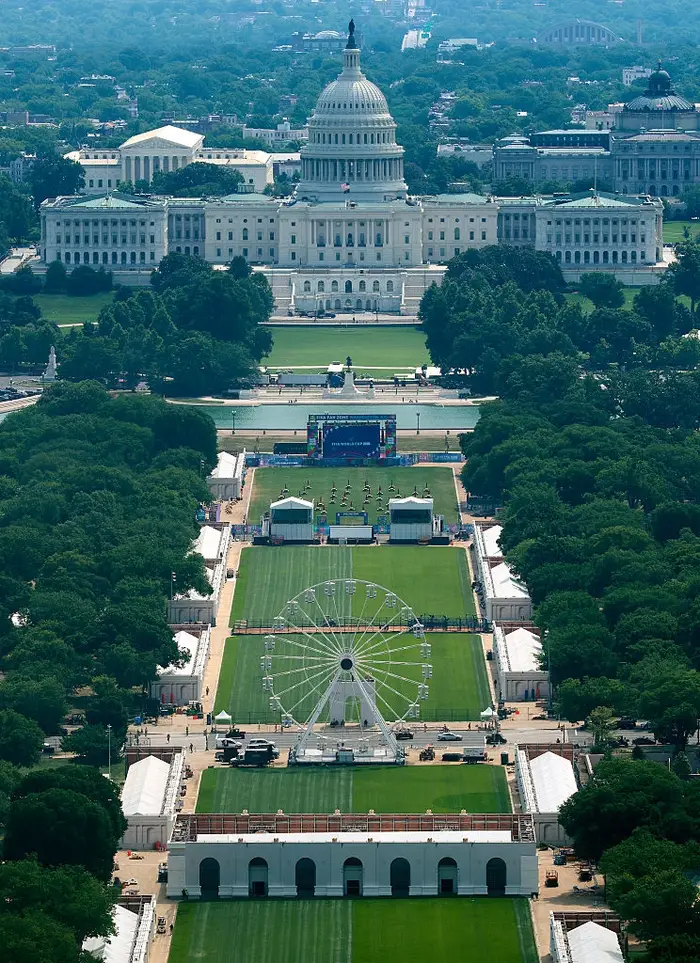 Luftfoto av National Mall i Washington, DC, med Capitol-bygningen og et pariserhjul på gressområdet