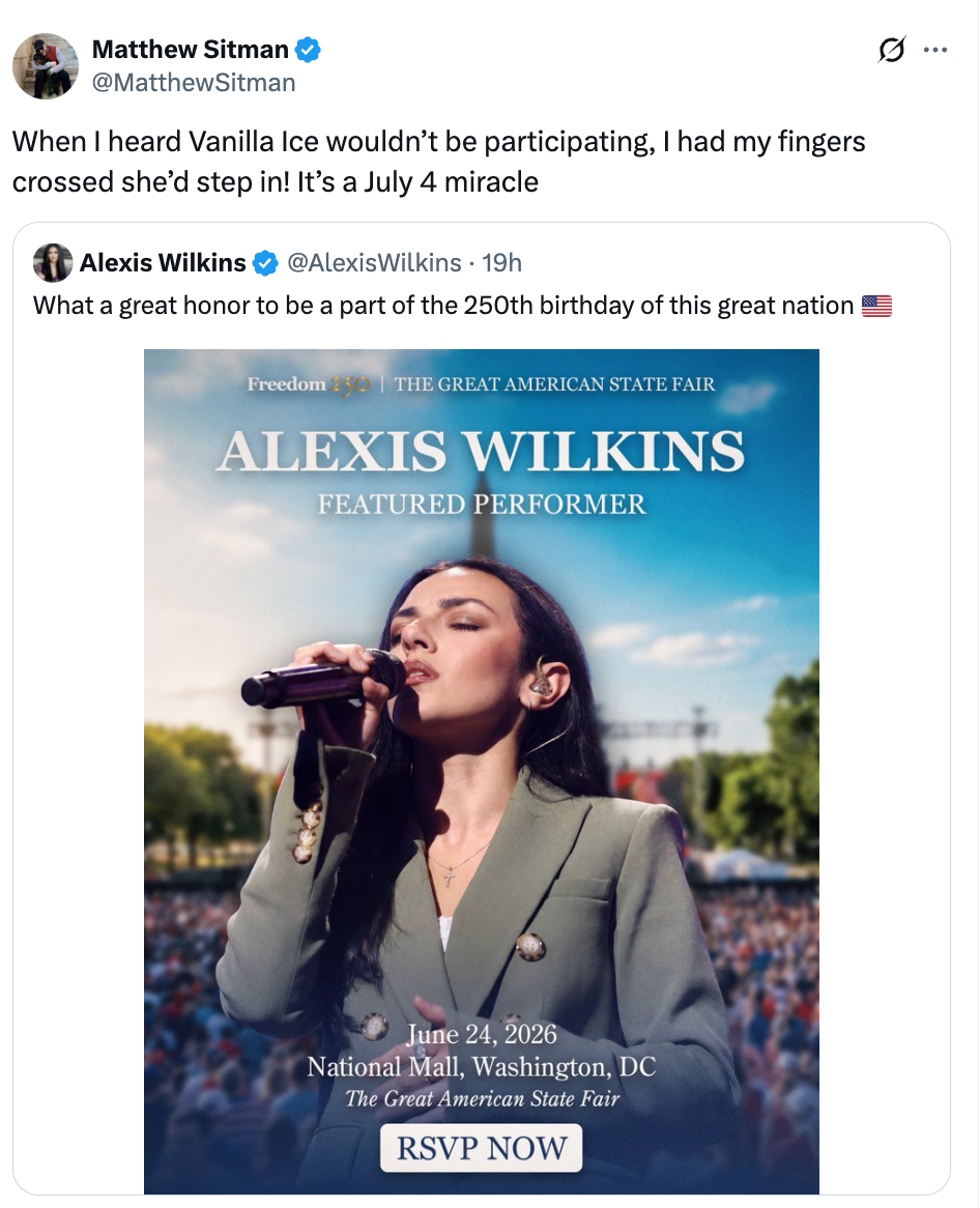 Alexis Wilkins, presenterte utøver på det kommende arrangementet 4. juli i National Mall, Washington, DC. Arrangement annonsert som en feiring av 250 år