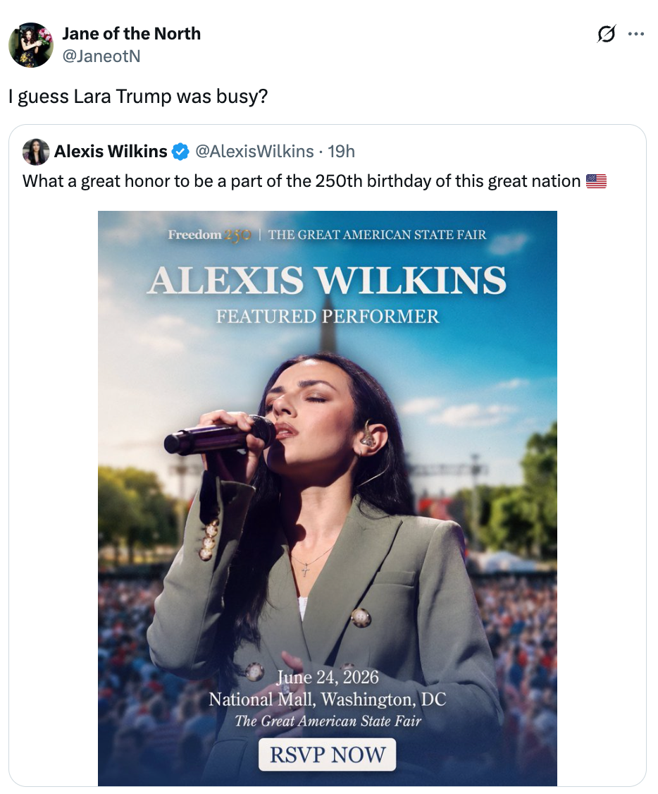 Plakat som kunngjør Alexis Wilkins som en fremhevet utøver på Great American State Fair 24. juni 2026 i Washington, DC