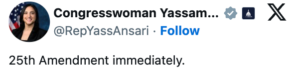 Profil av kongresskvinne Yassam Ansari med en tweet som leser 