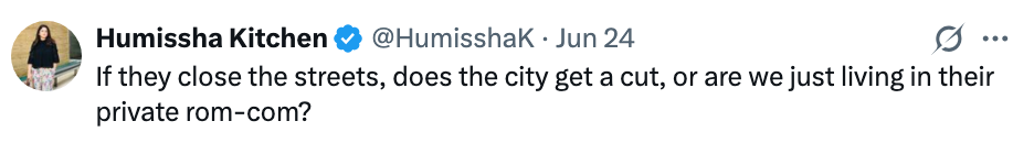 Tweet av Humissha Kitchen: "Hvis de stenger gatene, får byen et kutt, eller bor vi bare i deres private rom-com?"