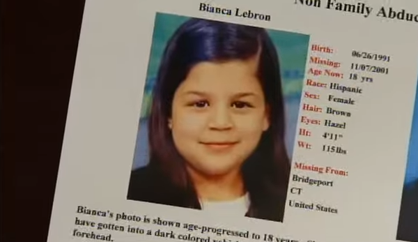 Savnet person flyer for Bianca LeBron, som viser et aldersfremskredent bilde til 18 år. Detaljer inkluderer fødselsdato, alder, høyde og manglende plassering