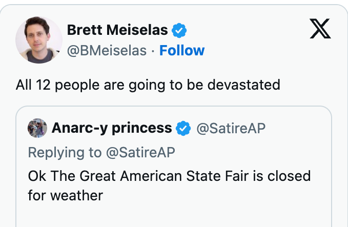 Tweet antyder humoristisk at stenging av The Great American State Fair på grunn av været vil opprøre alle 12 deltakere