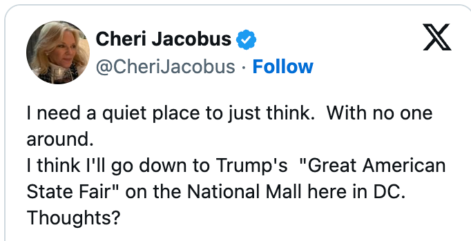 Tweet fra Cheri Jacobus: