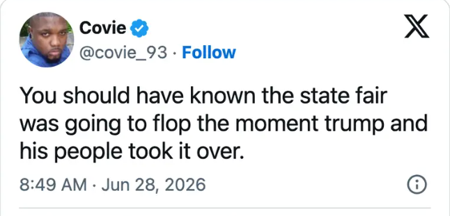 Tweet fra @covie_93: "Du burde ha visst at statsmessen kom til å floppe i det øyeblikket Trump og hans folk overtok den."