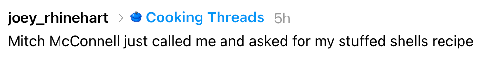 Kommentar til Cooking Threads som fleiper om at Mitch McConnell ber om en oppskrift på fylte skjell