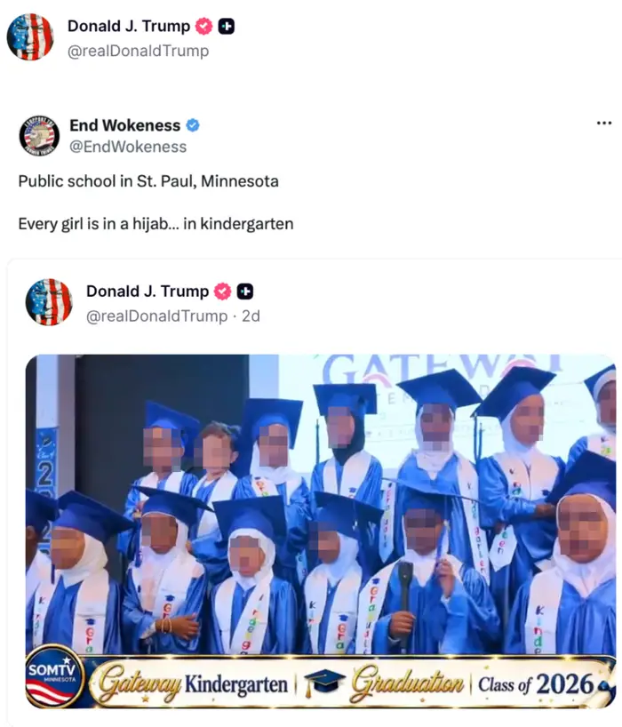 En tweet hevder at hver jente bærer hijab i en barnehage i St. Paul, Minnesota, med et bilde av barn i avgangskjoler og hijab