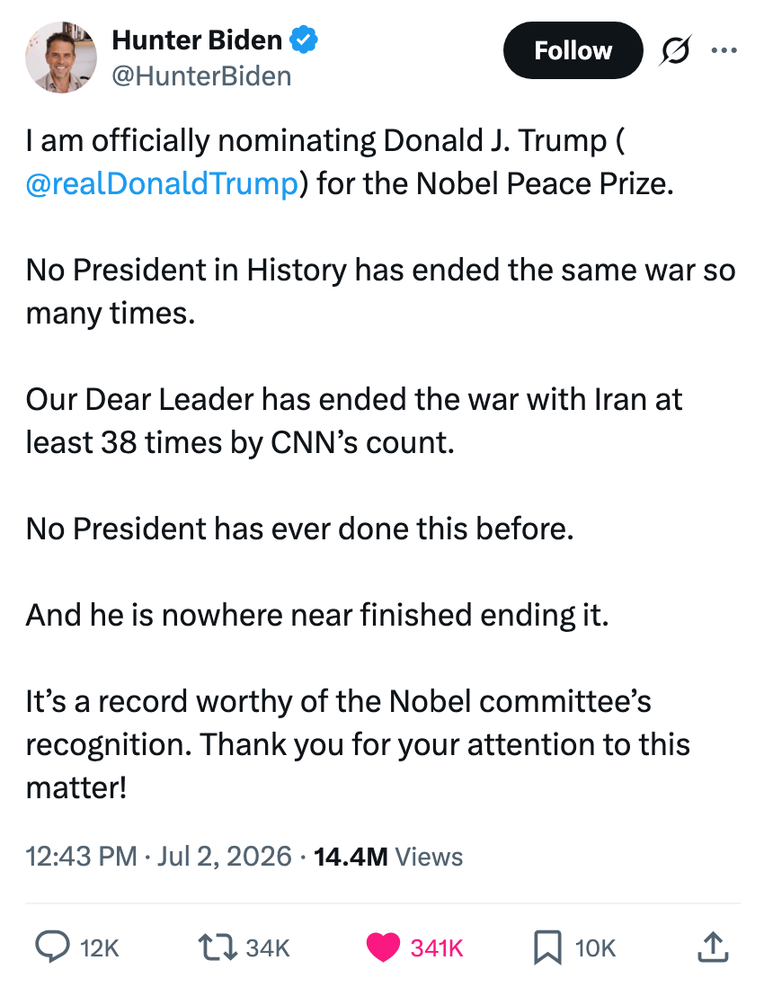 Hunter Biden tweeter satirisk nominering av Donald J. Trump til Nobels fredspris, og fremhever hyppige påstander om å løse konflikter