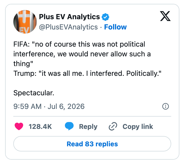 En fiktiv tweet kontrasterer humoristisk uttalelser fra FIFA som benekter politisk innblanding og Trump som innrømmer politisk innblanding