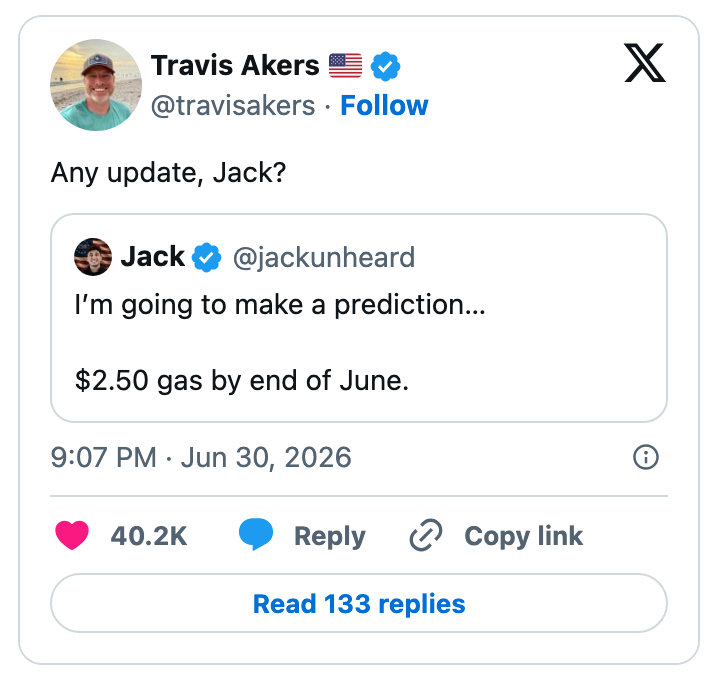Twitter-innlegg som ber Jack om en oppdatering om hans spådom om 2,50 dollar gass innen 30. juni 2026