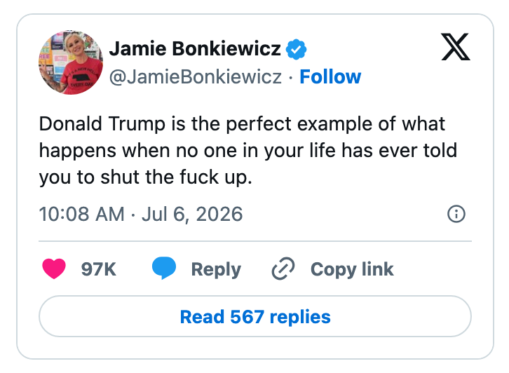 Tweet av Jamie Bonkiewicz som kritiserer Donald Trump, og antyder at ingen har satt grenser med ham