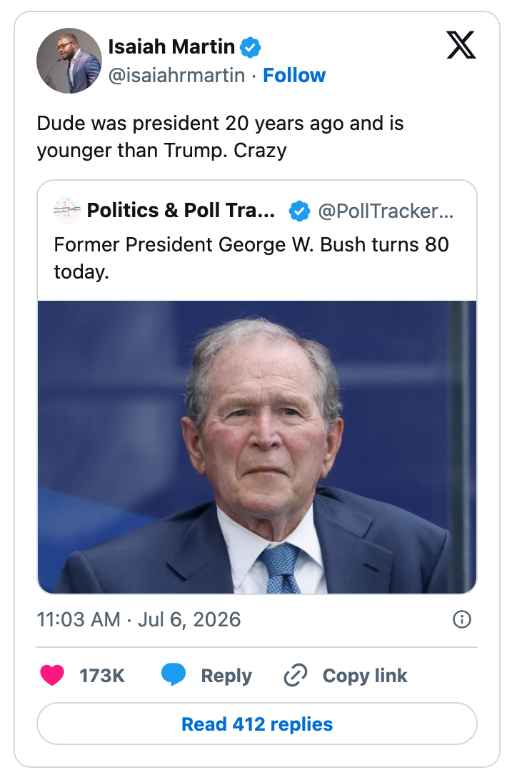 Et innlegg på sosiale medier som bemerket at George W. Bush fyller 80 år, og fremhever at han var president for 20 år siden og er yngre enn Donald Trump