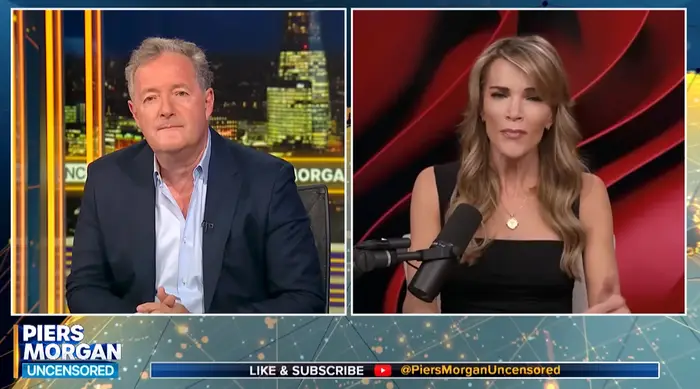 Delt skjermbilde: En mann i blazer og en kvinne i svart antrekk vises på et talkshow-sett. Tekst: "Piers Morgan usensurert."