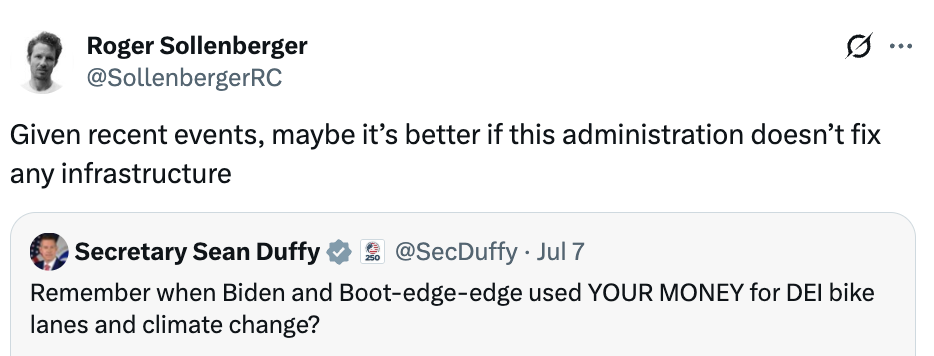 Tweet av Roger Sollenberger som diskuterer infrastruktur og administrasjon med et sitat fra sekretær Sean Duffy om utgifter