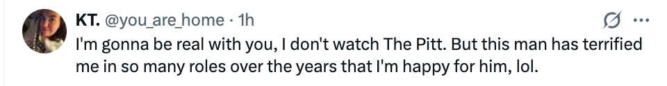 Tweet av brukeren @you_are_home som uttrykker lykke for en skuespiller kjent for skumle roller, til tross for at han ikke så 