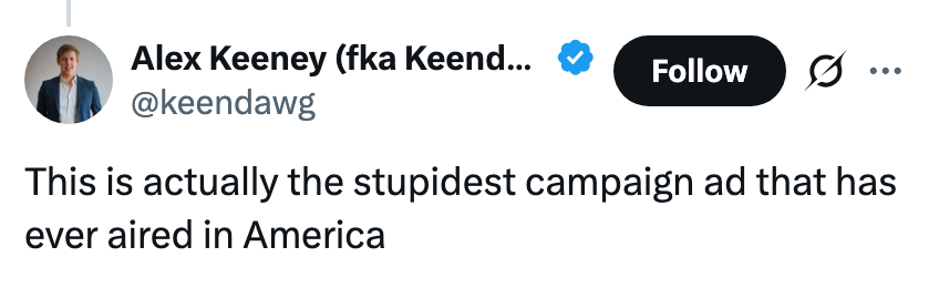 Tweet fra bruker som uttrykker at en kampanjeannonse er den