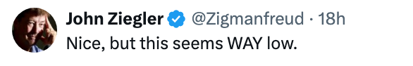 Tweet fra John Ziegler som uttrykker at noe virker for lavt