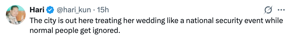 Tweet kritiserer byen for å prioritere et høyprofilert bryllup fremfor offentlige behov
