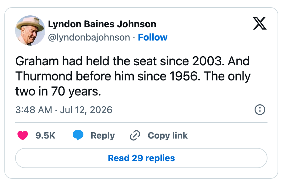 Tweet som diskuterer politisk funksjonstid: Graham hadde et sete siden 2003, mens Thurmond hadde det foran ham siden 1956, totalt to innehavere på 70 år