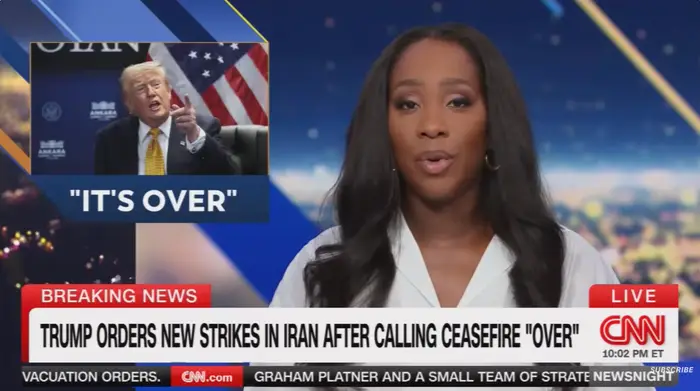 Nyhetssegment med et kvinnelig anker som rapporterer om Trumps nye angrep i Iran. Innfelt bilde viser Trump snakke med teksten