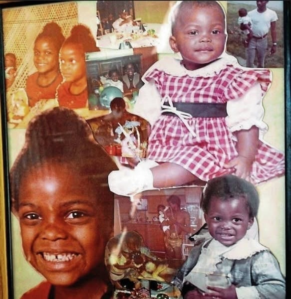En collage av barndomsbilder som viser en ung jente i forskjellige aldre smilende, uformelt kledd og i en rutete kjole