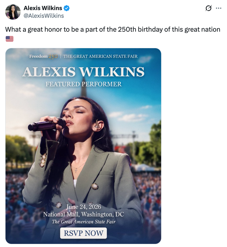 Alexis Wilkins synger på scenen på The Great American State Fair. Eventdetaljer: 24. juni 2026, National Mall, Washington, DC. RSVP info inkludert