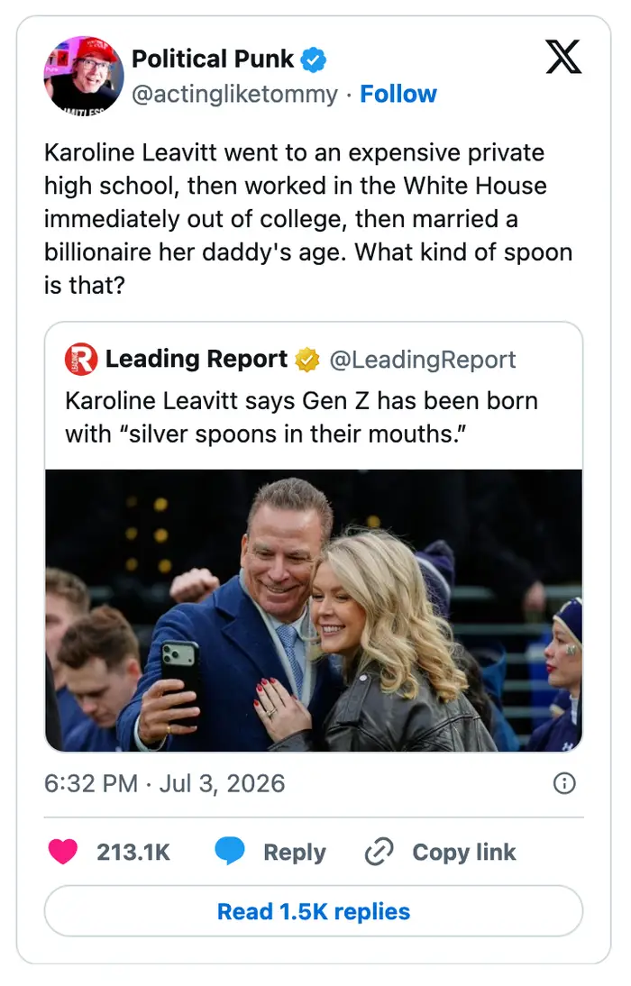 Tweet som oppsummerer en overskrift som Karoline Leavitt sier at Gen Z ble født med