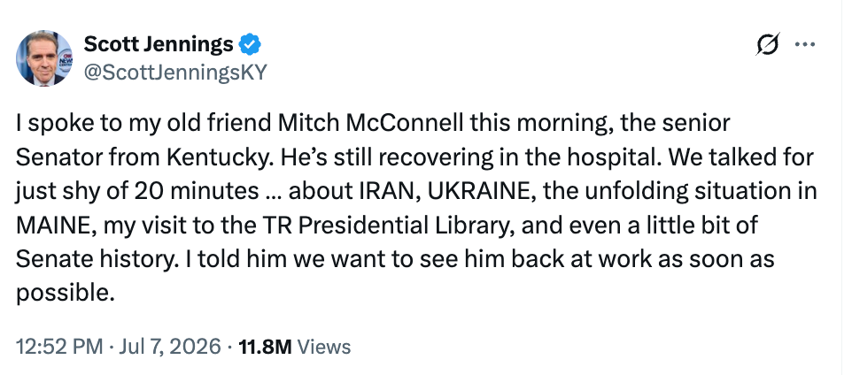 Tweet av Scott Jennings om en samtale med Mitch McConnell, som diskuterer emner som Iran, Ukraina og Senatets historie