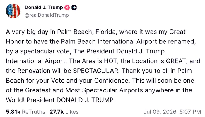 Sammendrag av et innlegg som feirer at Palm Beach International Airport ble omdøpt til ære for Donald J. Trump, som understreker områdets appell og takker støttespillere