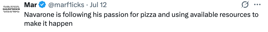 Tweet fra Mar: "Navarone følger lidenskapen hans for pizza og bruker tilgjengelige ressurser for å få det til."