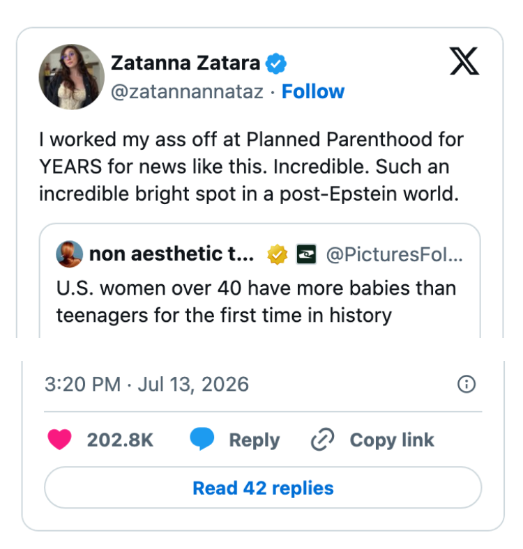 Tweet av Zatanna Zatara feirer Planned Parenthood etter et innlegg som sier at kvinner over 40 har flere babyer enn tenåringer for første gang i historien