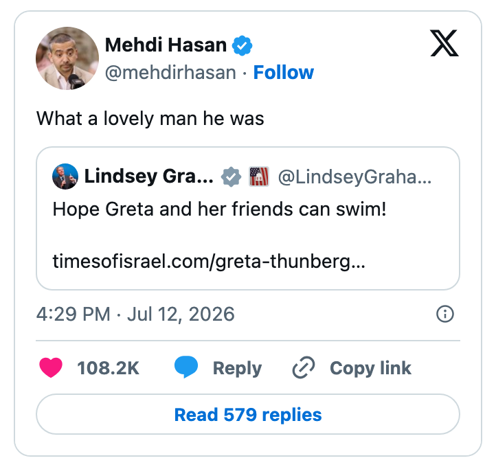 Skjermbilde av en tweet av Mehdi Hasan, siterer Lindsey Graham. Mehdi sier: