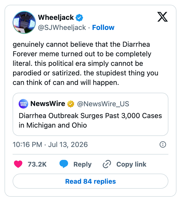 Tweet om vantro over et meme relatert til diaréutbrudd i Michigan og Ohio, og fremhever dets absurditet