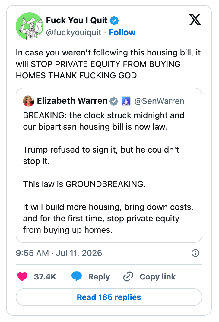 Sosiale medier-innlegg som refererer til en boligregning som hindrer private equity fra å kjøpe boliger, med en retweet fra en offentlig person som kaller loven banebrytende