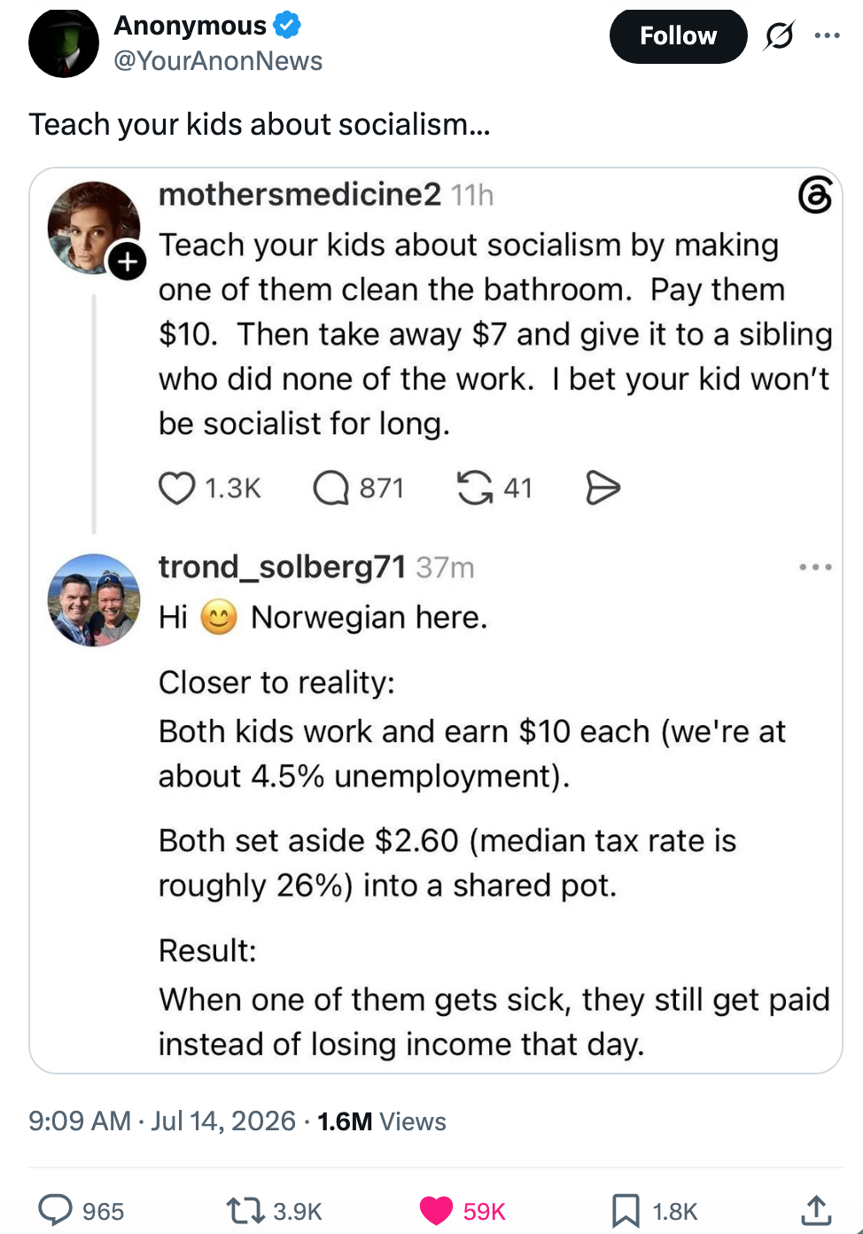 Tweet-utveksling om å lære barn om sosialisme versus virkelighet. Den første tweeten foreslår et scenario med lønn, mens svaret kommenterer skatteimplikasjoner