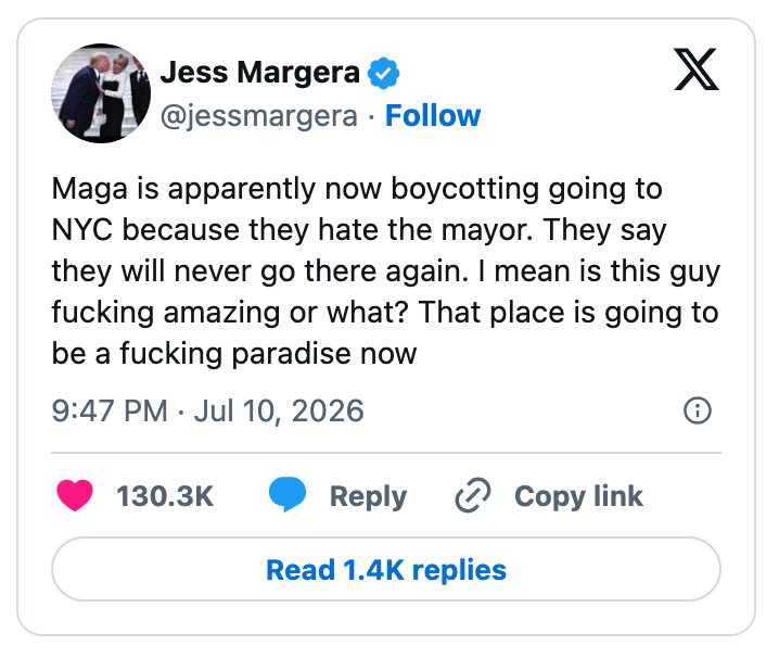 Tweet av "Jess Margera" diskuterer en boikott av NYC, og uttrykker sarkastisk entusiasme over det