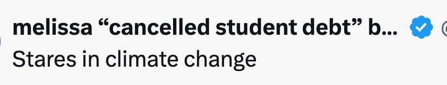 Tekst: "melissa 'kansellert studiegjeld' blå rute Stirrer i klimaendringer."