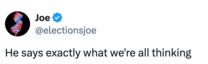 Tweet av brukeren Joe: "Han sier nøyaktig det vi alle tenker."