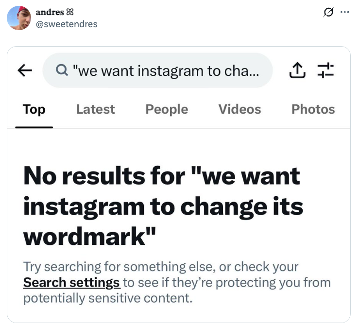 Søket viser ingen resultater for "vi vil at Instagram skal endre ordmerket" på et Twitter-grensesnitt
