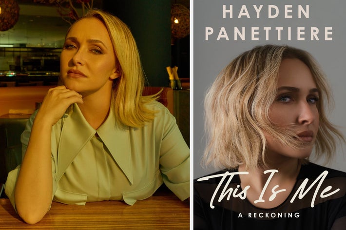 Hayden Panettiere i en stilig kjole poserer ved et bord; ved siden av er et reklamebilde med en boktittel: 