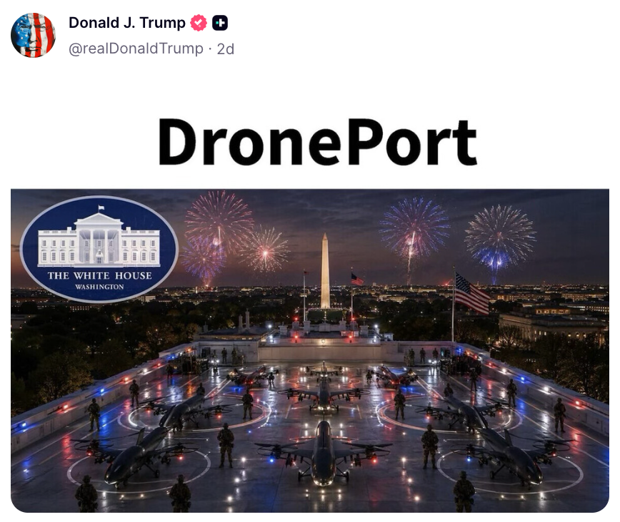 Tweet med luftfoto av Det hvite hus, jetfly, fyrverkeri; teksten lyder "DronePort."